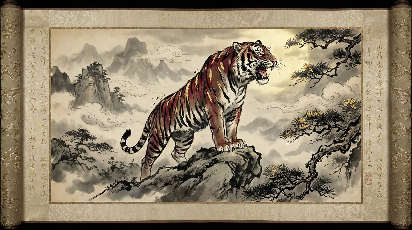 水墨虎画卷轴 - 四虎视频 | 虎啸山林艺术